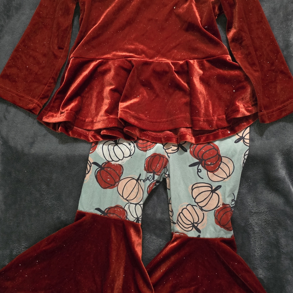 Velvet Red Top and Pumpkin Print Pants Set